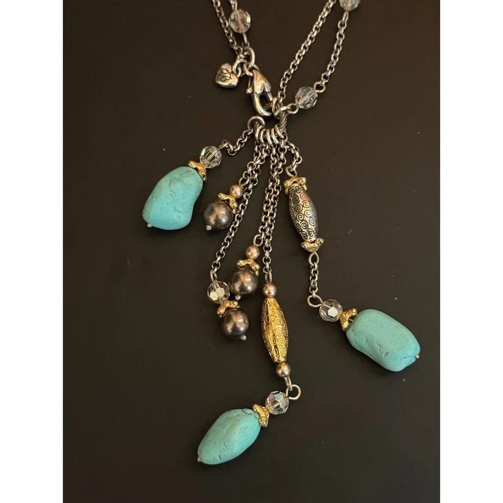 Brighton Turquoise Pearl Silver Gold Tone Tassel Necklace 17.5